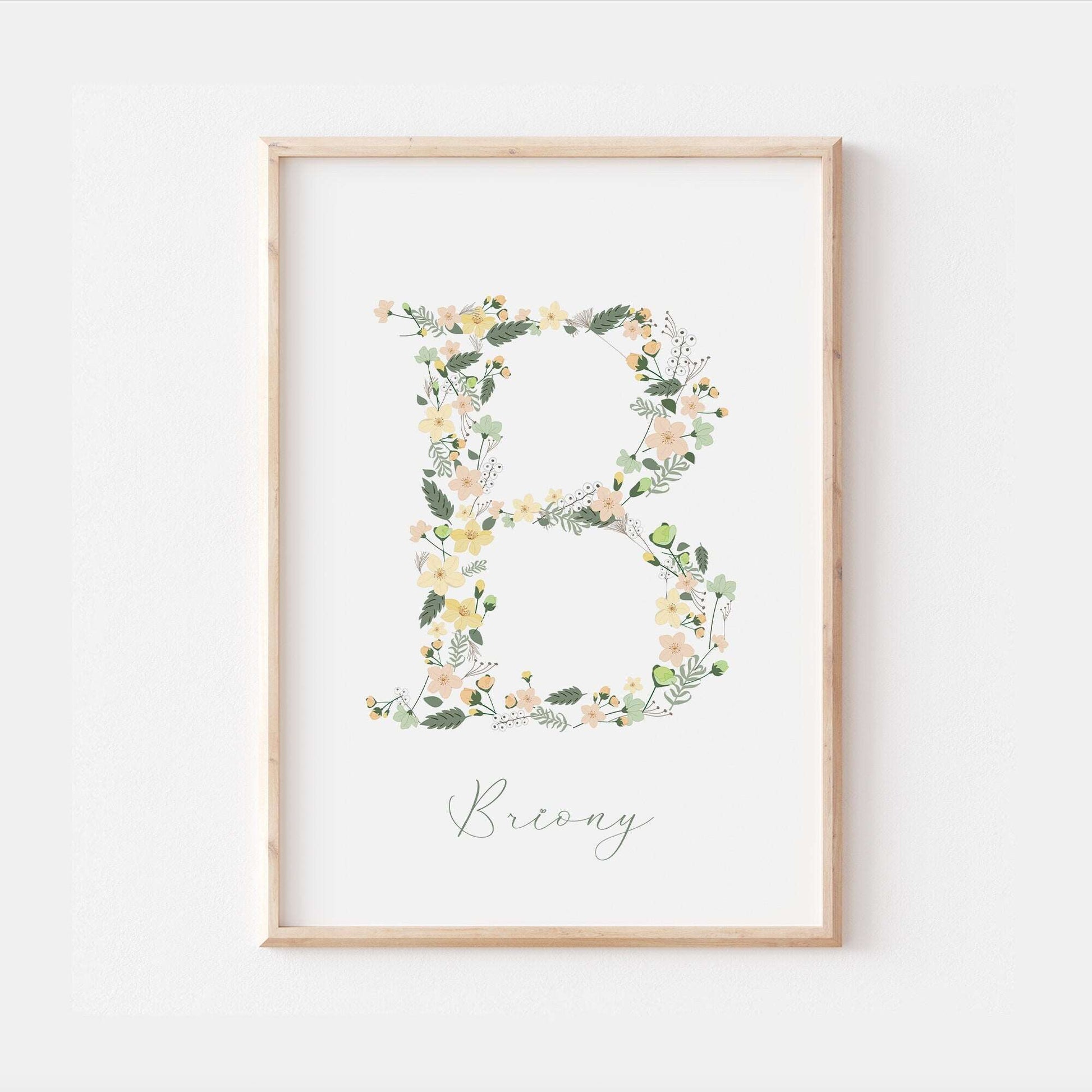 Floral Initial Personalised Print | Baby Girl Gift | Green Flowers Family Poster Kids Children Bedroom Newborn Nursery Wall Art Present