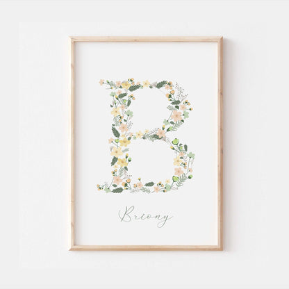 Floral Initial Personalised Print | Baby Girl Gift | Green Flowers Family Poster Kids Children Bedroom Newborn Nursery Wall Art Present