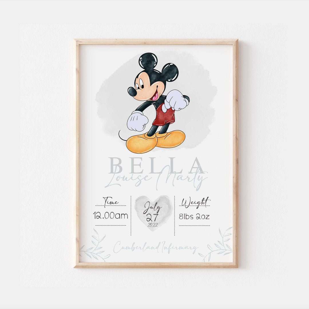 Personalised The Day You Were Born | Mickey Mouse Disney Newborn Print Watercolour Bedroom Nursery Decor Baby Gift Poster Baby Shower