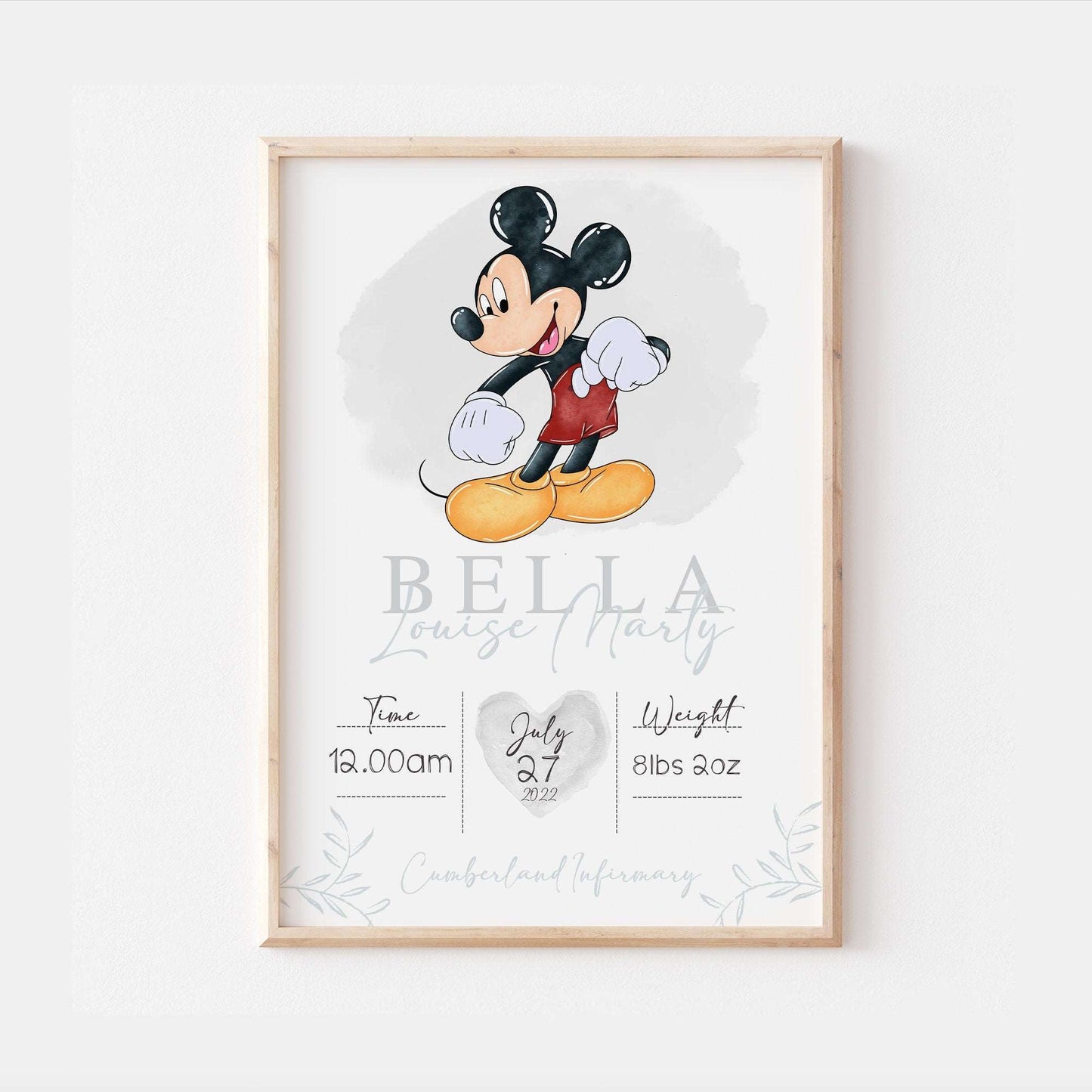 Personalised The Day You Were Born | Mickey Mouse Disney Newborn Print Watercolour Bedroom Nursery Decor Baby Gift Poster Baby Shower