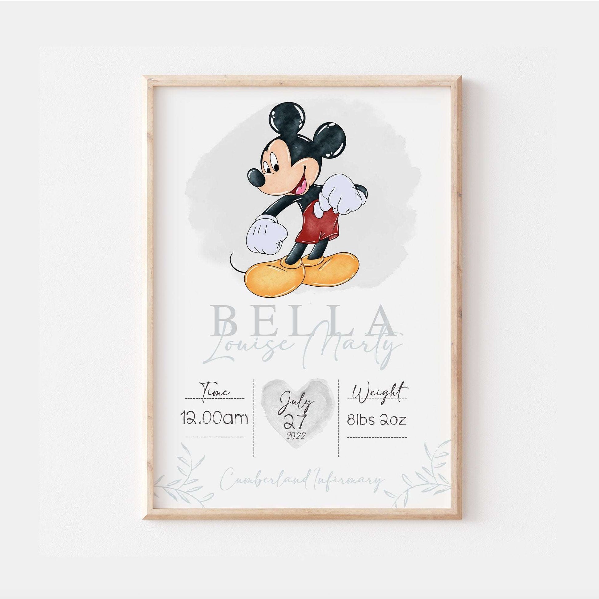 Personalised The Day You Were Born | Mickey Mouse Disney Newborn Print Watercolour Bedroom Nursery Decor Baby Gift Poster Baby Shower
