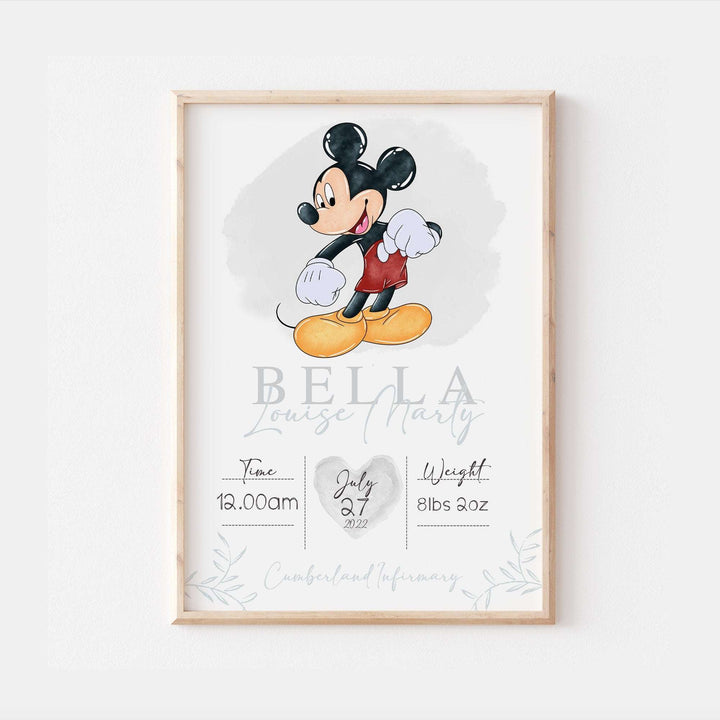 Personalised The Day You Were Born | Mickey Mouse Disney Newborn Print Watercolour Bedroom Nursery Decor Baby Gift Poster Baby Shower