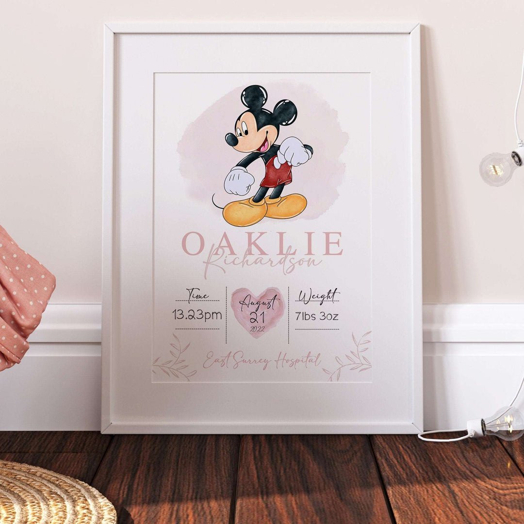 Personalised The Day You Were Born | Mickey Mouse Disney Newborn Print Watercolour Bedroom Nursery Decor Baby Gift Poster Baby Shower