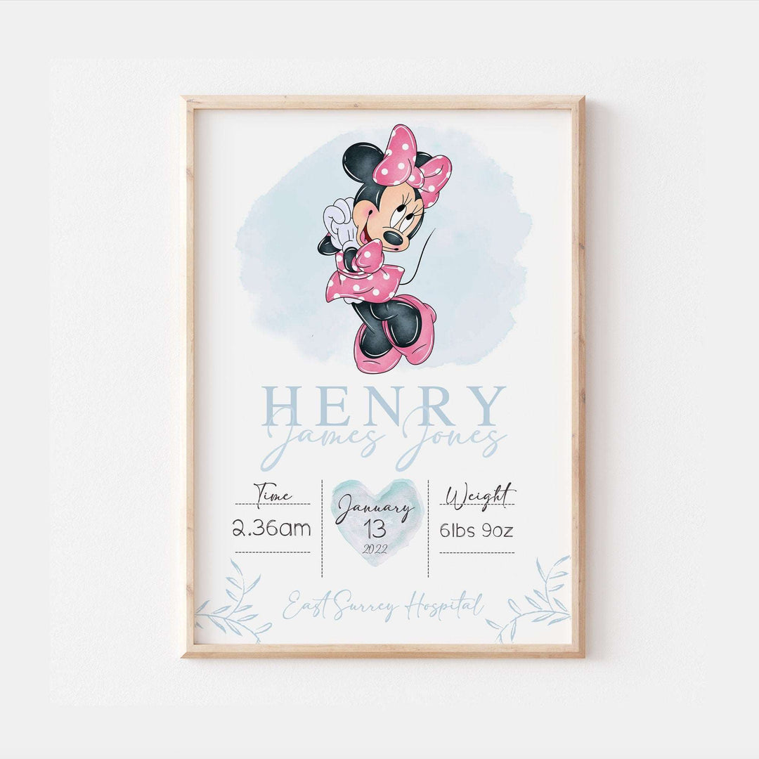 Personalized The Day You Were Born | Minnie Mouse Disney Newborn Print Watercolor Bedroom Nursery Decor Baby Gift Poster Baby Shower