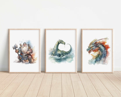 Mythological Creatures Prints | Watercolour Fantasy Dragons Pegasus Pan Griffin Manticore Trolls Wall Decor Nursery Print Bedroom Art