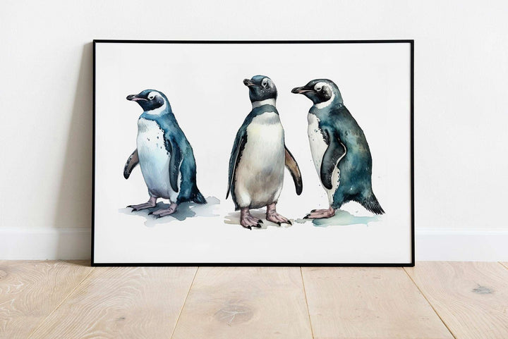 Penguins Trio Print | Watercolour Ocean Arctic Decor | Blue Marine Sea Bathroom Home Wall Art | Gift Bird Posters Nature Kid Nursery Bedroom