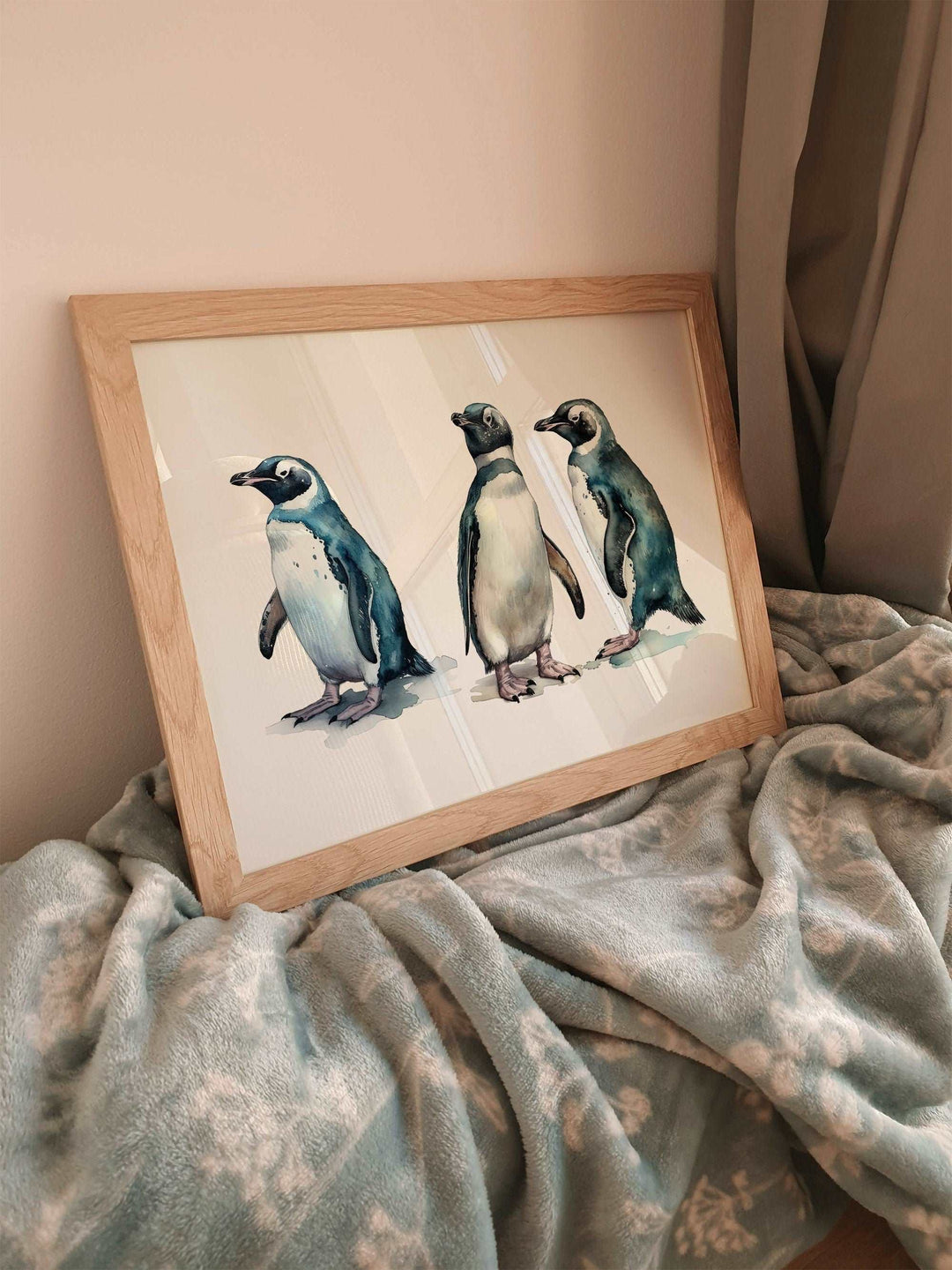 Penguins Trio Print | Watercolour Ocean Arctic Decor | Blue Marine Sea Bathroom Home Wall Art | Gift Bird Posters Nature Kid Nursery Bedroom