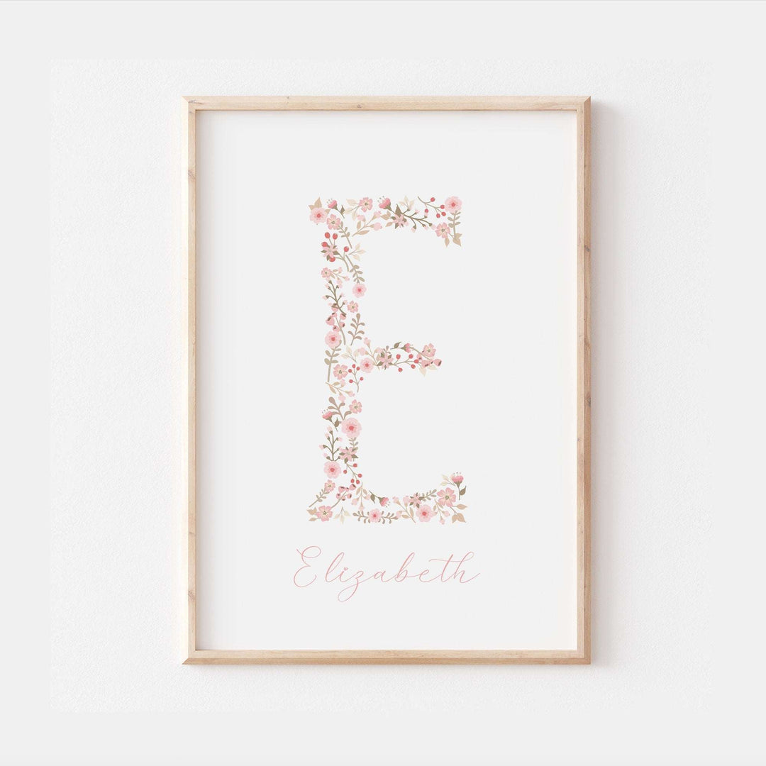 Floral Initial Personalised Print | Baby Girl Gift | Pink Flowers Family Poster Kids Children Bedroom Newborn Nursery Wall Art Present