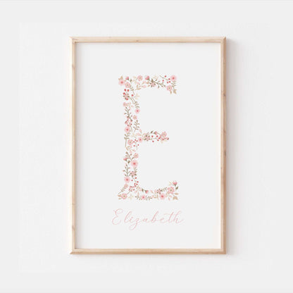 Floral Initial Personalised Print | Baby Girl Gift | Pink Flowers Family Poster Kids Children Bedroom Newborn Nursery Wall Art Present