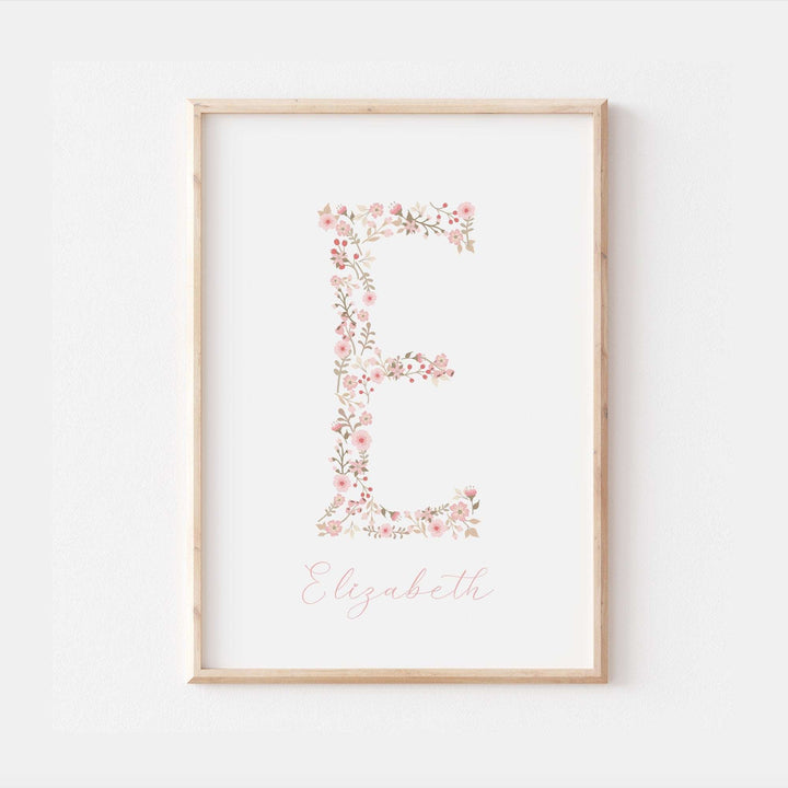 Floral Initial Personalised Print | Baby Girl Gift | Pink Flowers Family Poster Kids Children Bedroom Newborn Nursery Wall Art Present