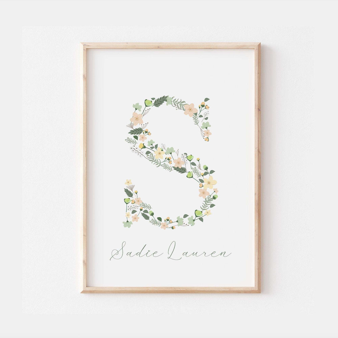 Floral Initial Personalised Print | Baby Girl Gift | Green Flowers Family Poster Kids Children Bedroom Newborn Nursery Wall Art Present