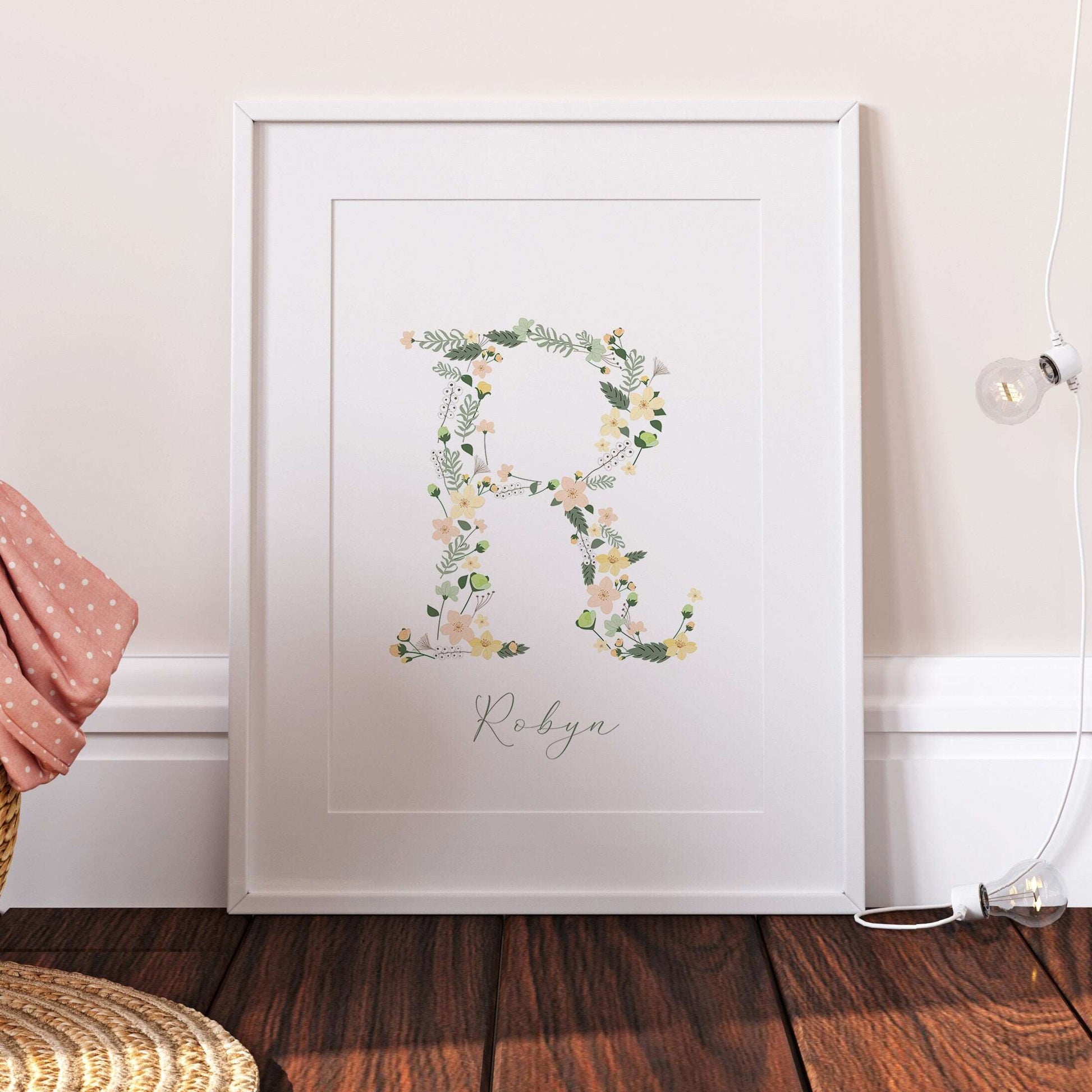 Floral Initial Personalised Print | Baby Girl Gift | Green Flowers Family Poster Kids Children Bedroom Newborn Nursery Wall Art Present