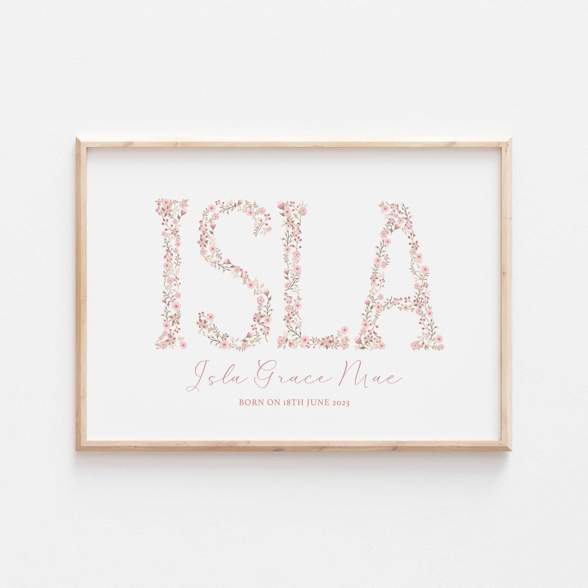 Floral Initial Personalised Print | Baby Girl Gift | Pink Flowers Family Poster Kids Children Bedroom Newborn Nursery Wall Art Present