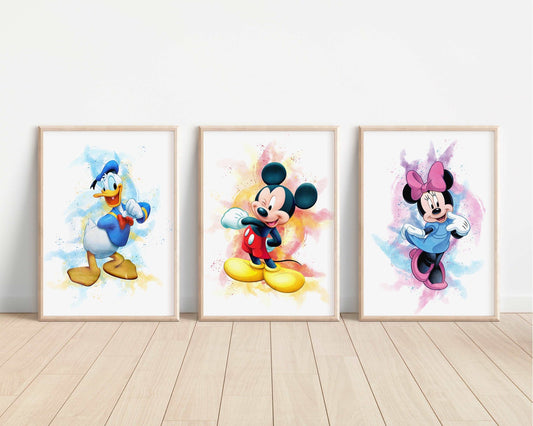 Mickey & Friends Watercolour Print | Donald Daisy Duck Minnie Mouse Goofy Pluto Bedroom Kids Children Nursery Bedroom Wall Disney Pixar
