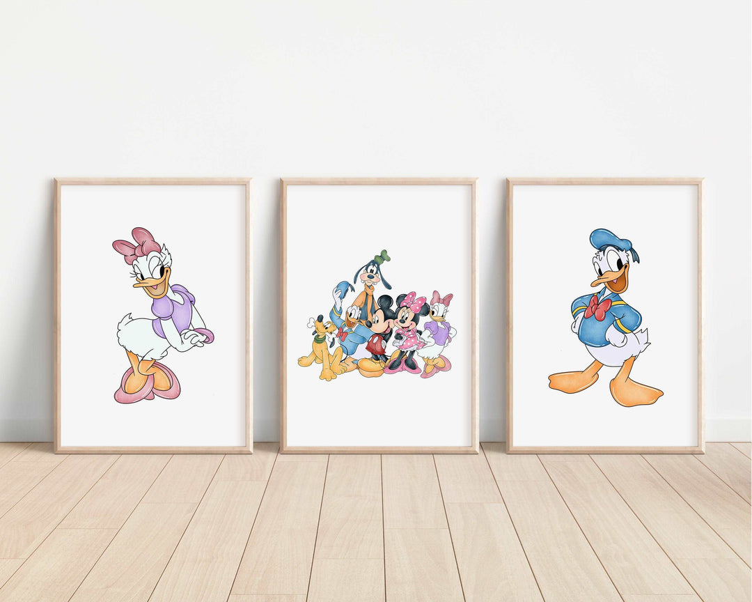 Mickey & Friends Watercolour Print | Donald Daisy Duck Minnie Mouse Goofy Pluto Bedroom Kids Children Nursery Bedroom Wall Disney Pixar