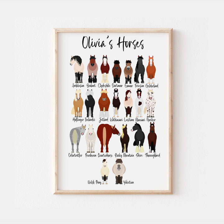 Personalised Horse Breed Print | Thoroughbred Friesian Arabian Shetland Shire Animals Gift Bedroom Kids Children Nursery Bedroom Art Wall