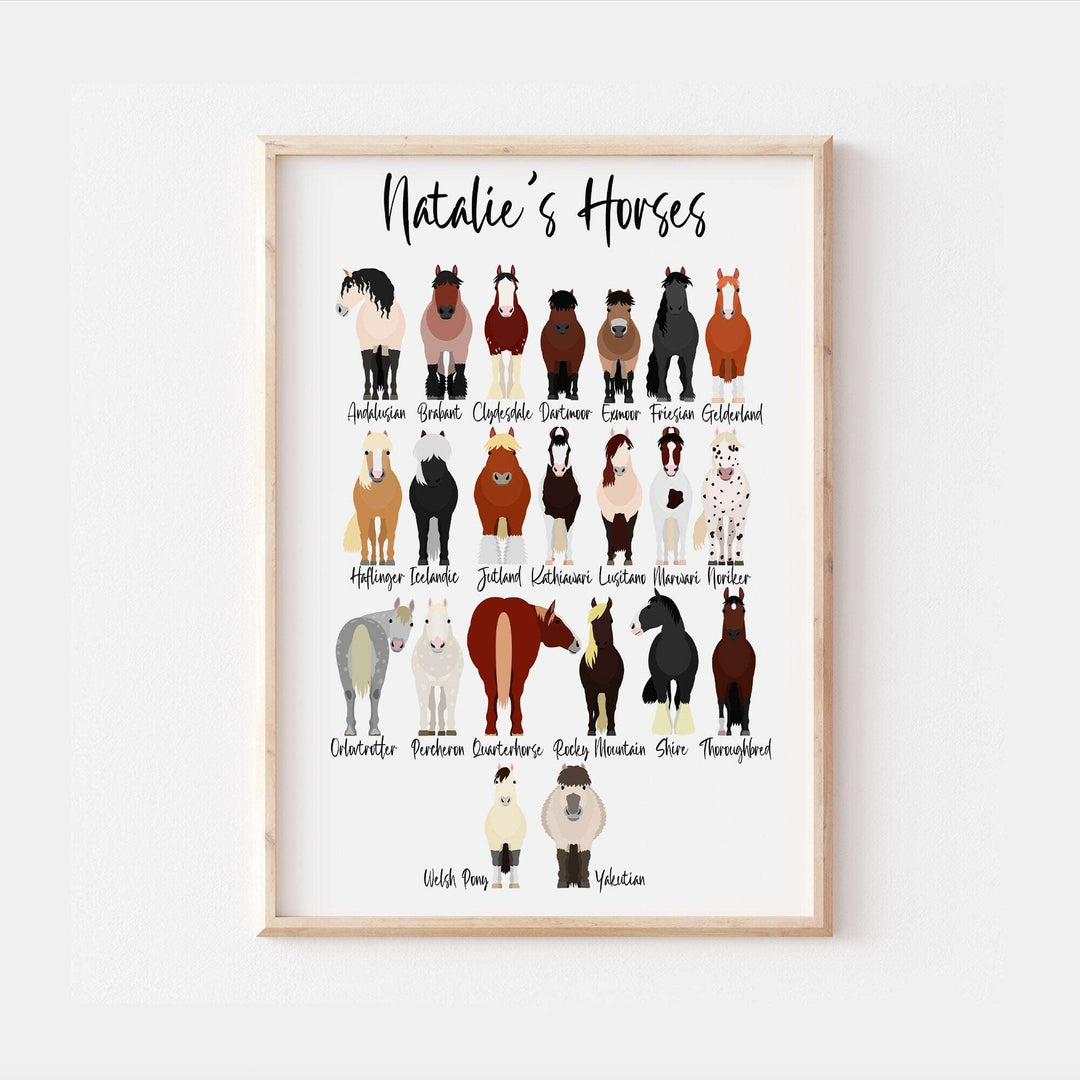 Personalised Horse Breed Print | Thoroughbred Friesian Arabian Shetland Shire Animals Gift Bedroom Kids Children Nursery Bedroom Art Wall