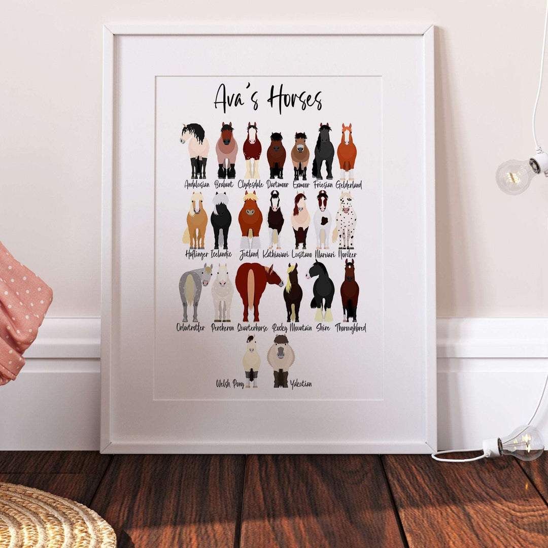 Personalised Horse Breed Print | Thoroughbred Friesian Arabian Shetland Shire Animals Gift Bedroom Kids Children Nursery Bedroom Art Wall