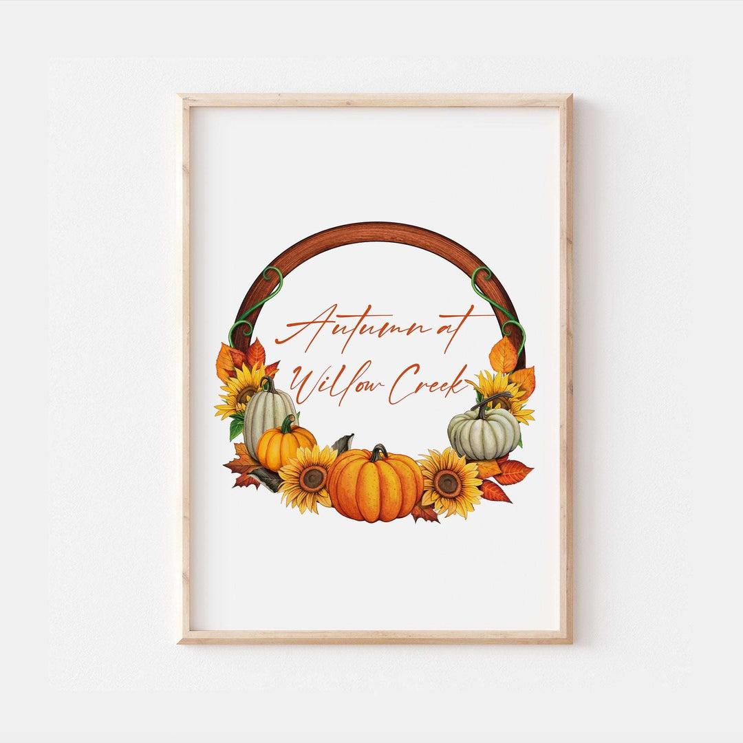 Personalised Watercolour Autumn Wreath Print | Home Pumpkin Decor | Fall Bedroom Posters Quote Halloween Style Flowers Orange Gift