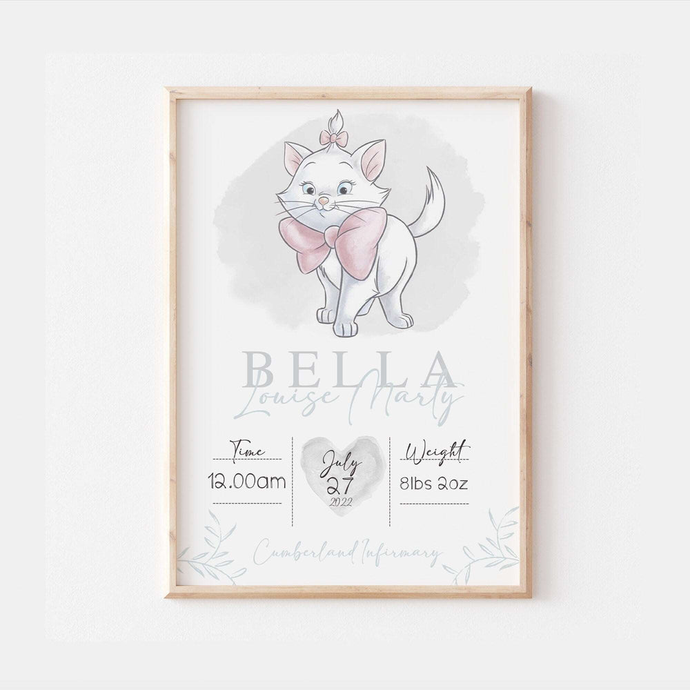 Personalised The Day You Were Born | Marie Aristocats Disney Newborn Print Watercolour Bedroom Nursery Decor Baby Gift Poster Baby Shower