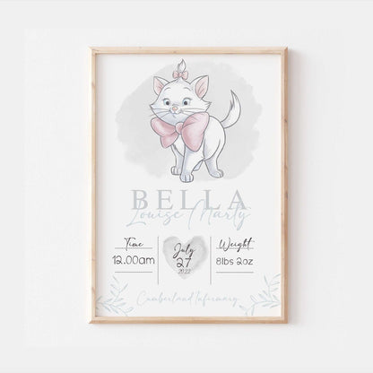 Personalised The Day You Were Born | Marie Aristocats Disney Newborn Print Watercolour Bedroom Nursery Decor Baby Gift Poster Baby Shower