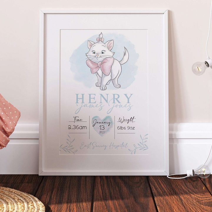 Personalised The Day You Were Born | Marie Aristocats Disney Newborn Print Watercolour Bedroom Nursery Decor Baby Gift Poster Baby Shower