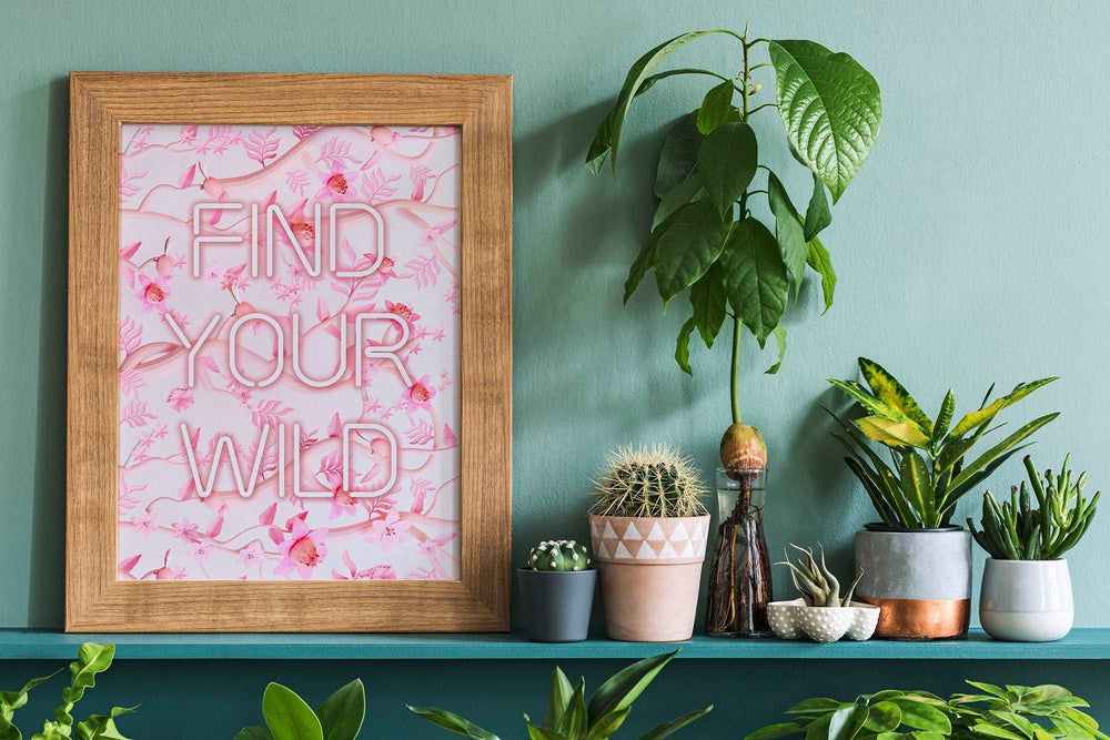 Find Your Wild Print | Pink Flowers Quote Affirmation Art | Neon Happy Living Room Bedroom Wall Art Decor | Poster Vibrant Home