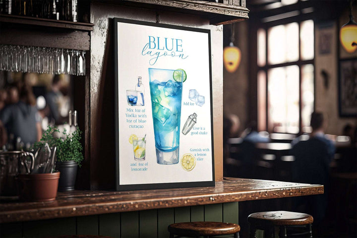 Blue Lagoon Print | Cocktail Bar Sign Decor | Watercolour Make Your Own | Kitchen Recipes Home Wall Art Posters Alcohol Gift