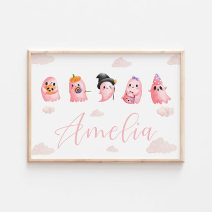 Personalised Pink Ghosts Print | Halloween Cute Kids Horror Monster Nursery Baby Bedroom Decor Quote Fall Autumn Style Watercolour