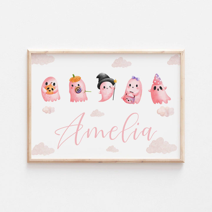 Personalised Pink Ghosts Print | Halloween Cute Kids Horror Monster Nursery Baby Bedroom Decor Quote Fall Autumn Style Watercolour