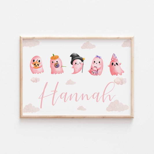 Personalised Pink Ghosts Print | Halloween Cute Kids Horror Monster Nursery Baby Bedroom Decor Quote Fall Autumn Style Watercolour