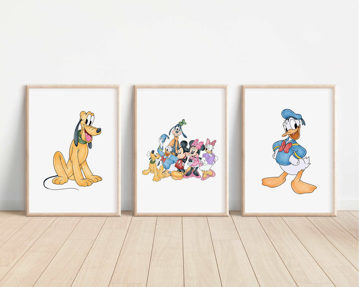 Mickey & Friends Watercolour Print | Donald Daisy Duck Minnie Mouse Goofy Pluto Bedroom Kids Children Nursery Bedroom Wall Disney Pixar