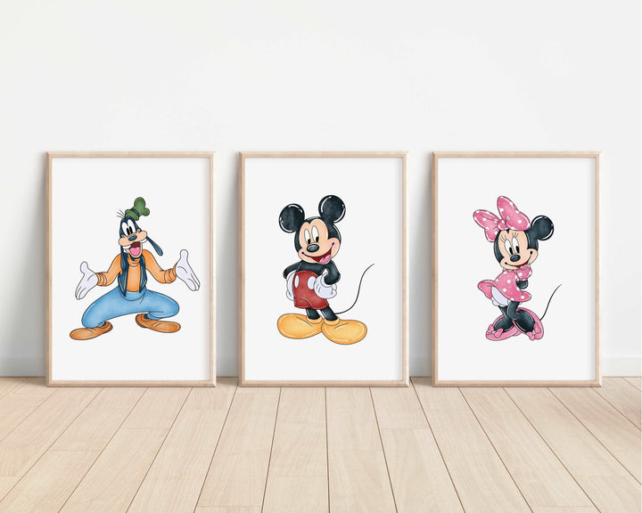 Mickey & Friends Watercolour Print | Donald Daisy Duck Minnie Mouse Goofy Pluto Bedroom Kids Children Nursery Bedroom Wall Disney Pixar