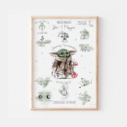 Personalised The Day You Were Born Newborn Baby Yoda Print | Star Wars Mandalorian Grogu Watercolour Bedroom Nursery Decor Baby Gift Disney