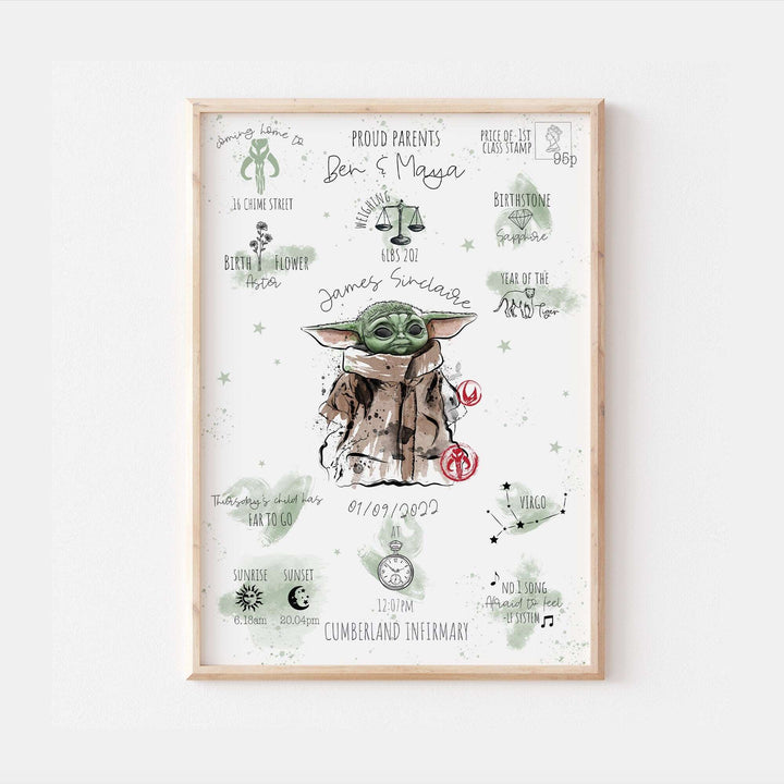 Personalised The Day You Were Born Newborn Baby Yoda Print | Star Wars Mandalorian Grogu Watercolour Bedroom Nursery Decor Baby Gift Disney