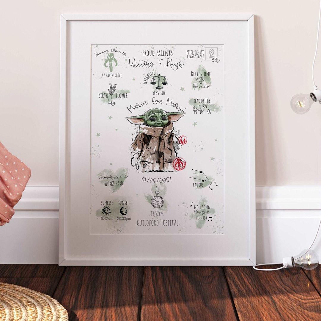 Personalised The Day You Were Born Newborn Baby Yoda Print | Star Wars Mandalorian Grogu Watercolour Bedroom Nursery Decor Baby Gift Disney