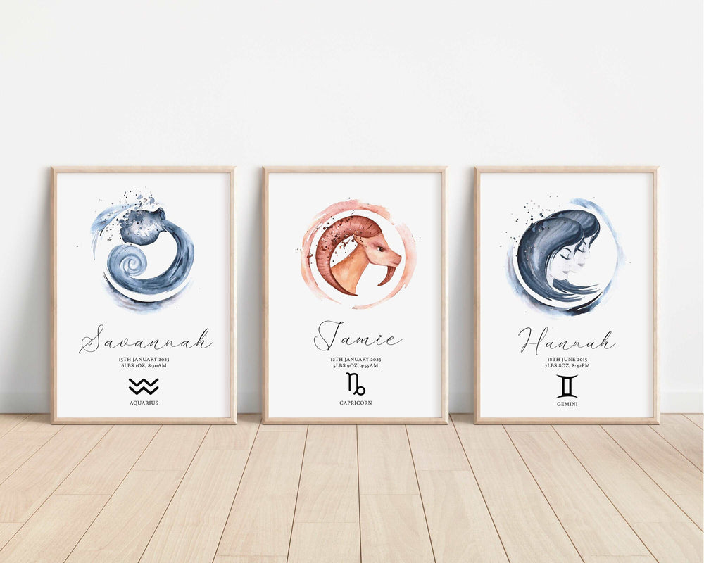 Personalised Zodiac Sign Print | Watercolour Virgo Aries Pisces Horoscope Bedroom Wall Art | Kids Babies Children Nursery Decor Gift Posters