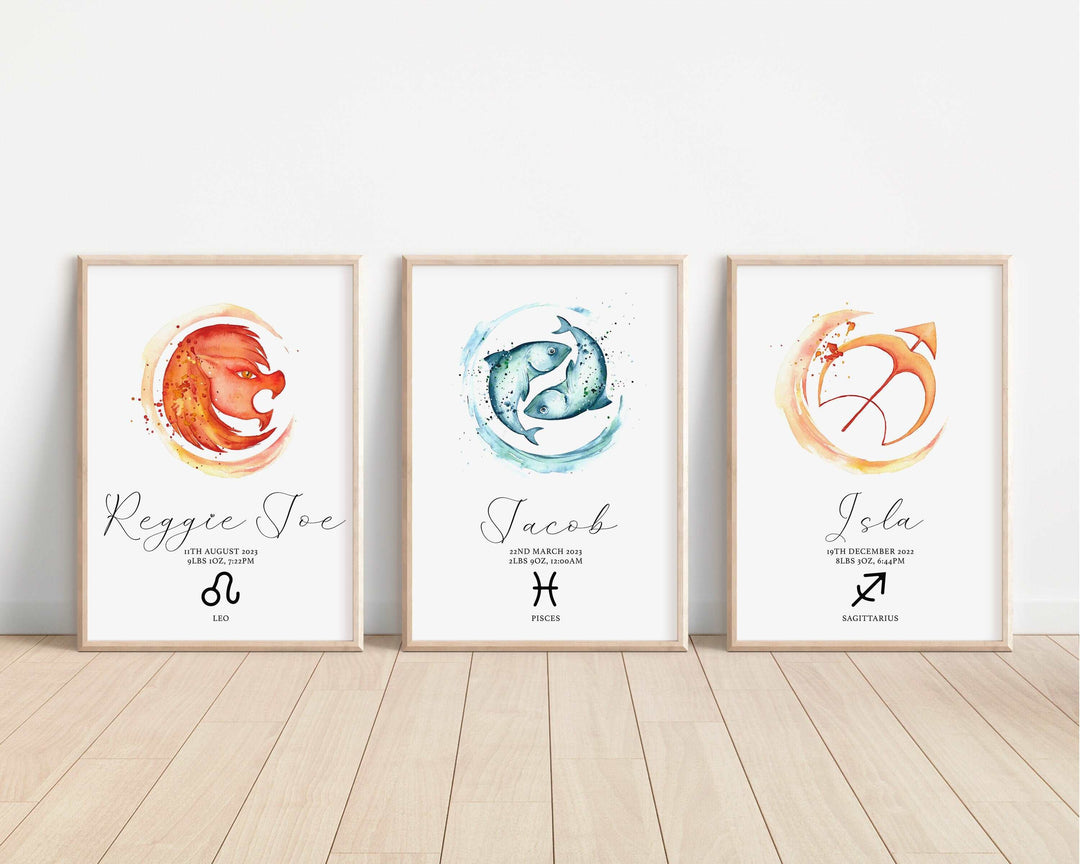 Personalised Zodiac Sign Print | Watercolour Virgo Aries Pisces Horoscope Bedroom Wall Art | Kids Babies Children Nursery Decor Gift Posters