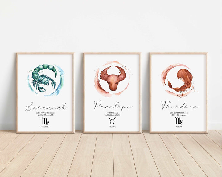 Personalised Zodiac Sign Print | Watercolour Virgo Aries Pisces Horoscope Bedroom Wall Art | Kids Babies Children Nursery Decor Gift Posters