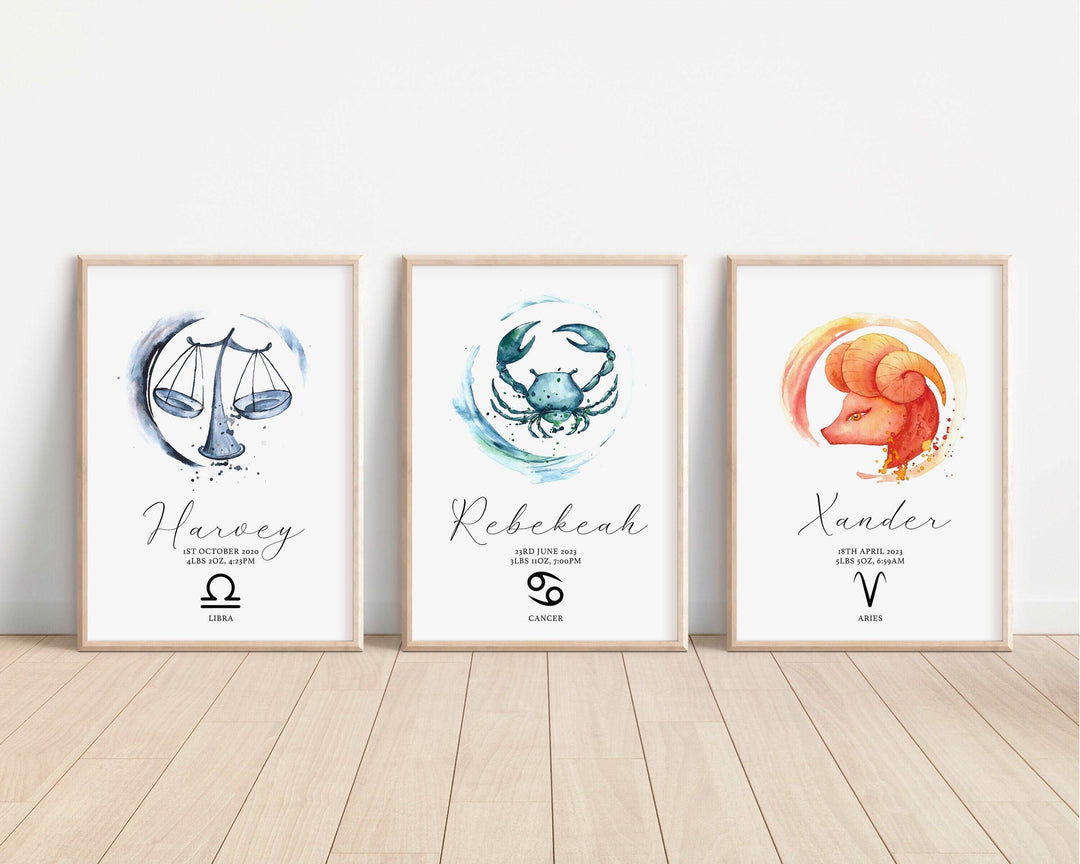 Personalised Zodiac Sign Print | Watercolour Virgo Aries Pisces Horoscope Bedroom Wall Art | Kids Babies Children Nursery Decor Gift Posters