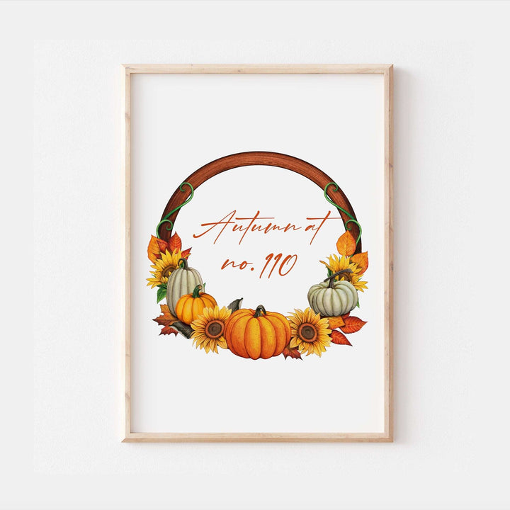 Personalised Watercolour Autumn Wreath Print | Home Pumpkin Decor | Fall Bedroom Posters Quote Halloween Style Flowers Orange Gift