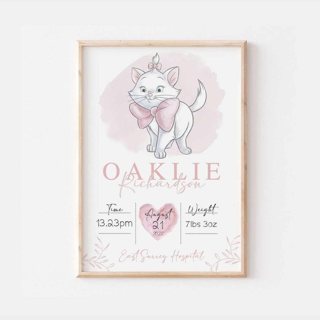 Personalised The Day You Were Born | Marie Aristocats Disney Newborn Print Watercolour Bedroom Nursery Decor Baby Gift Poster Baby Shower