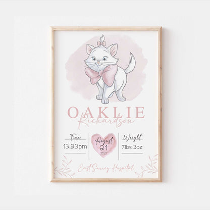 Personalised The Day You Were Born | Marie Aristocats Disney Newborn Print Watercolour Bedroom Nursery Decor Baby Gift Poster Baby Shower