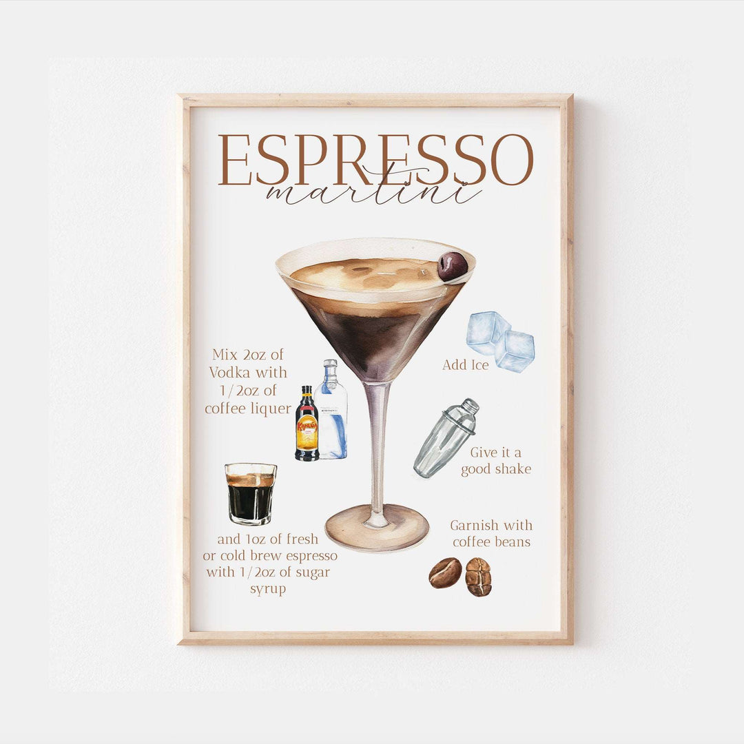 Espresso Martini Print | Cocktail Bar Sign Decor | Watercolour Make Your Own | Kitchen Recipes Home Wall Art Posters Coffee Alcohol Gift