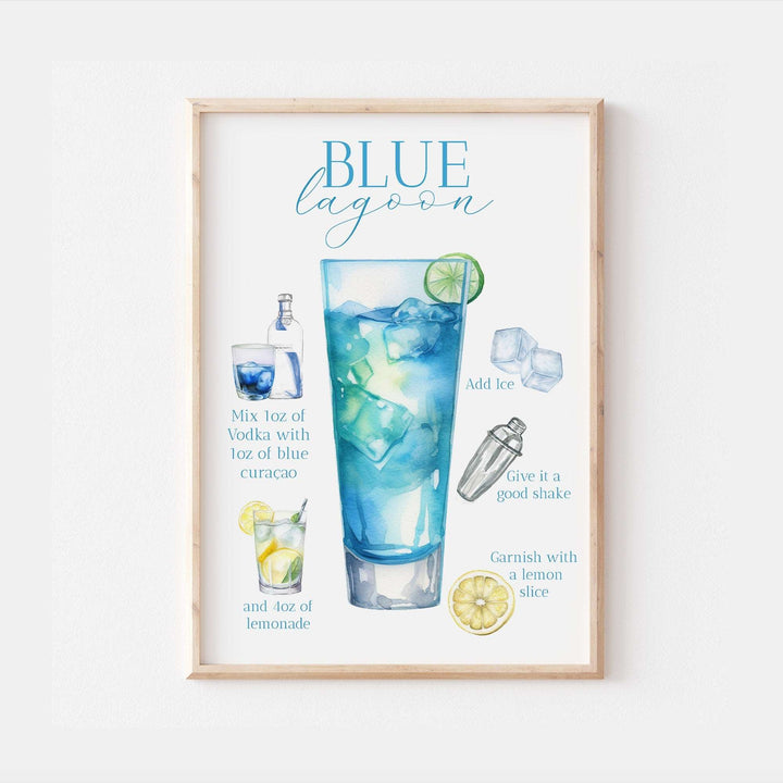 Blue Lagoon Print | Cocktail Bar Sign Decor | Watercolour Make Your Own | Kitchen Recipes Home Wall Art Posters Alcohol Gift