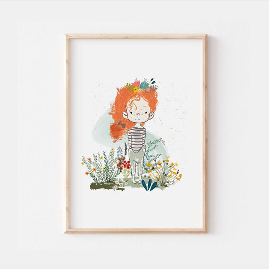 Red Headed Girl Print | Girls Flower Illustration Art | Kids Quotes Girls Nature Children Babies Nursery Bedroom Wall Decor Poster Sketch