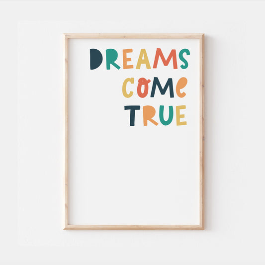 Dreams Come True Quote Colourful Dinosaur Kids Nursery Print Baby Bedroom Decor Posters Quote Explorer Scandi Nordic Style Typography