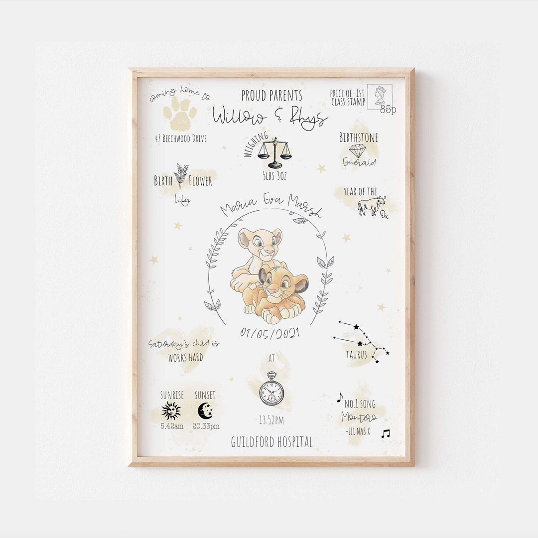 Personalised The Day You Were Born Newborn Print The Lion King Nala Simba Disney Watercolour Bedroom Nursery Decor Baby Gift Mothers Day