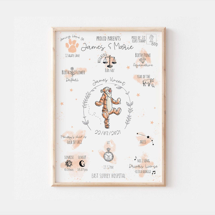 Tigger | Personalised The Day You Were Born Newborn Print Winnie Pooh Disney Watercolour Bedroom Nursery Decor Baby Gift Mothers Day Pixar