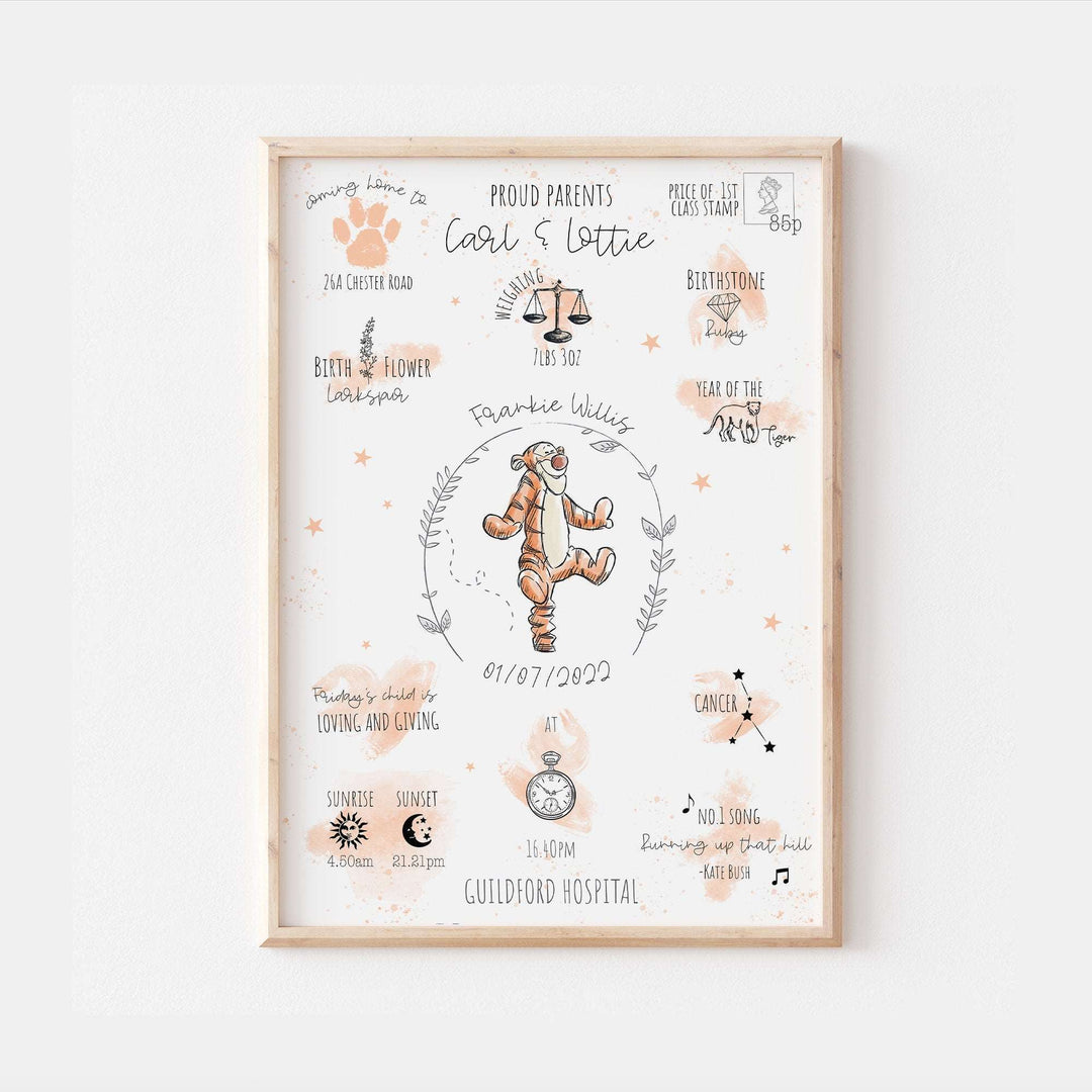 Tigger | Personalised The Day You Were Born Newborn Print Winnie Pooh Disney Watercolour Bedroom Nursery Decor Baby Gift Mothers Day Pixar